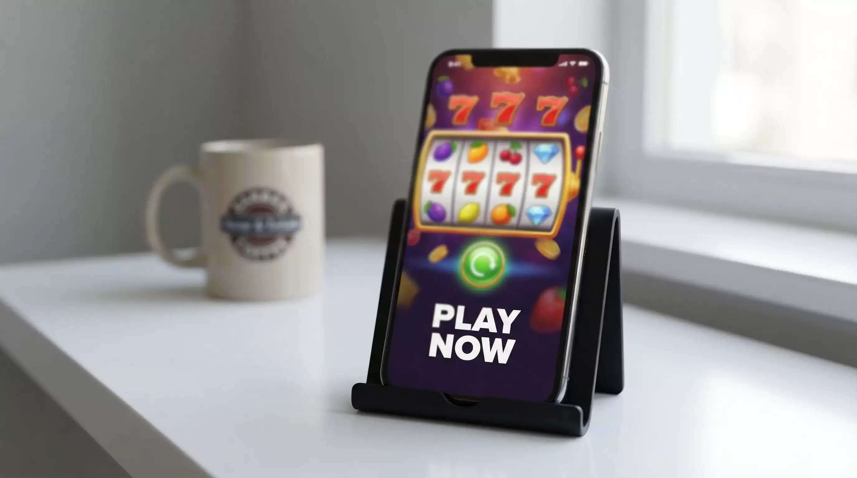 Smartphone displaying a sweepstakes casino app interface on a modern desk