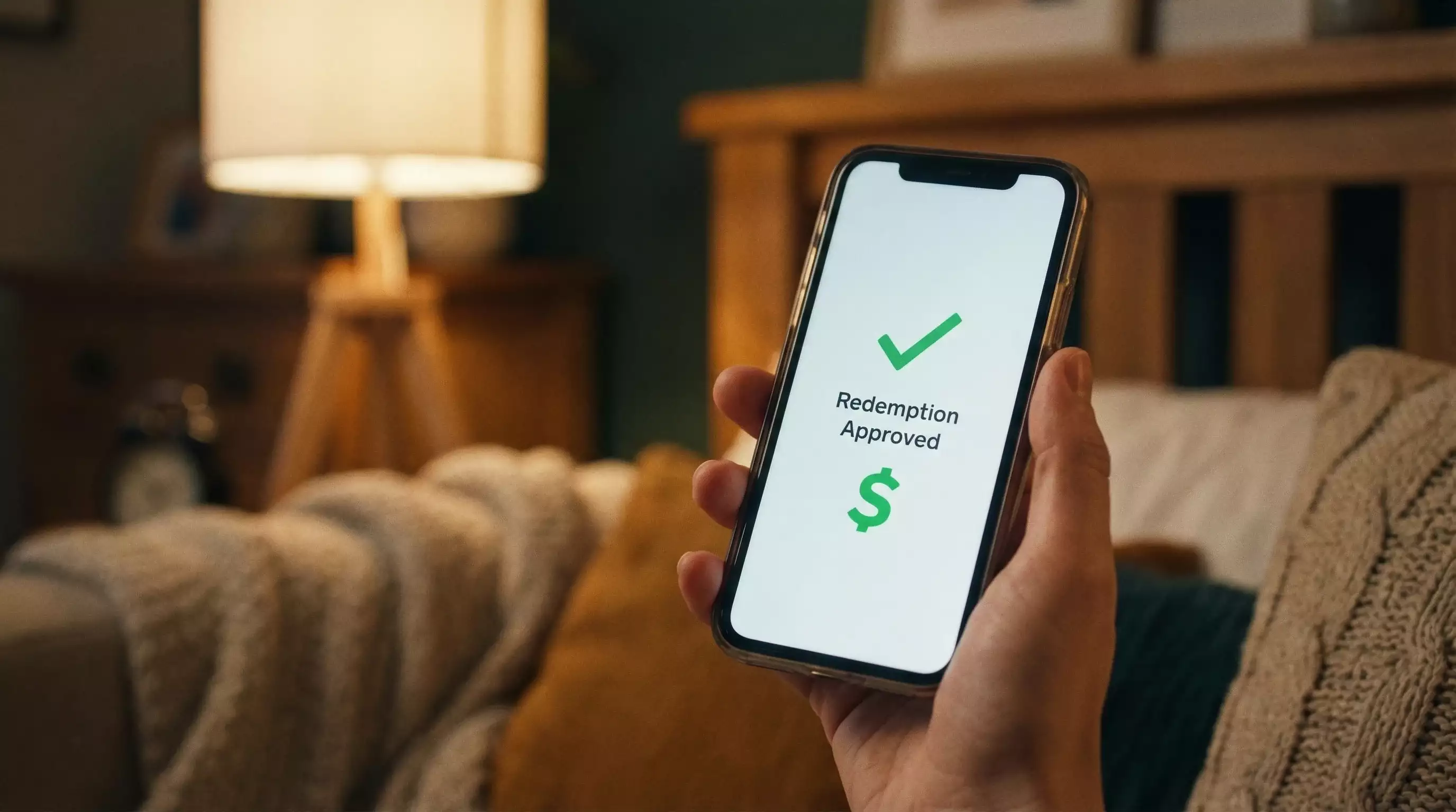 Person holding a smartphone showing a sweepstakes casino cash-out confirmation screen