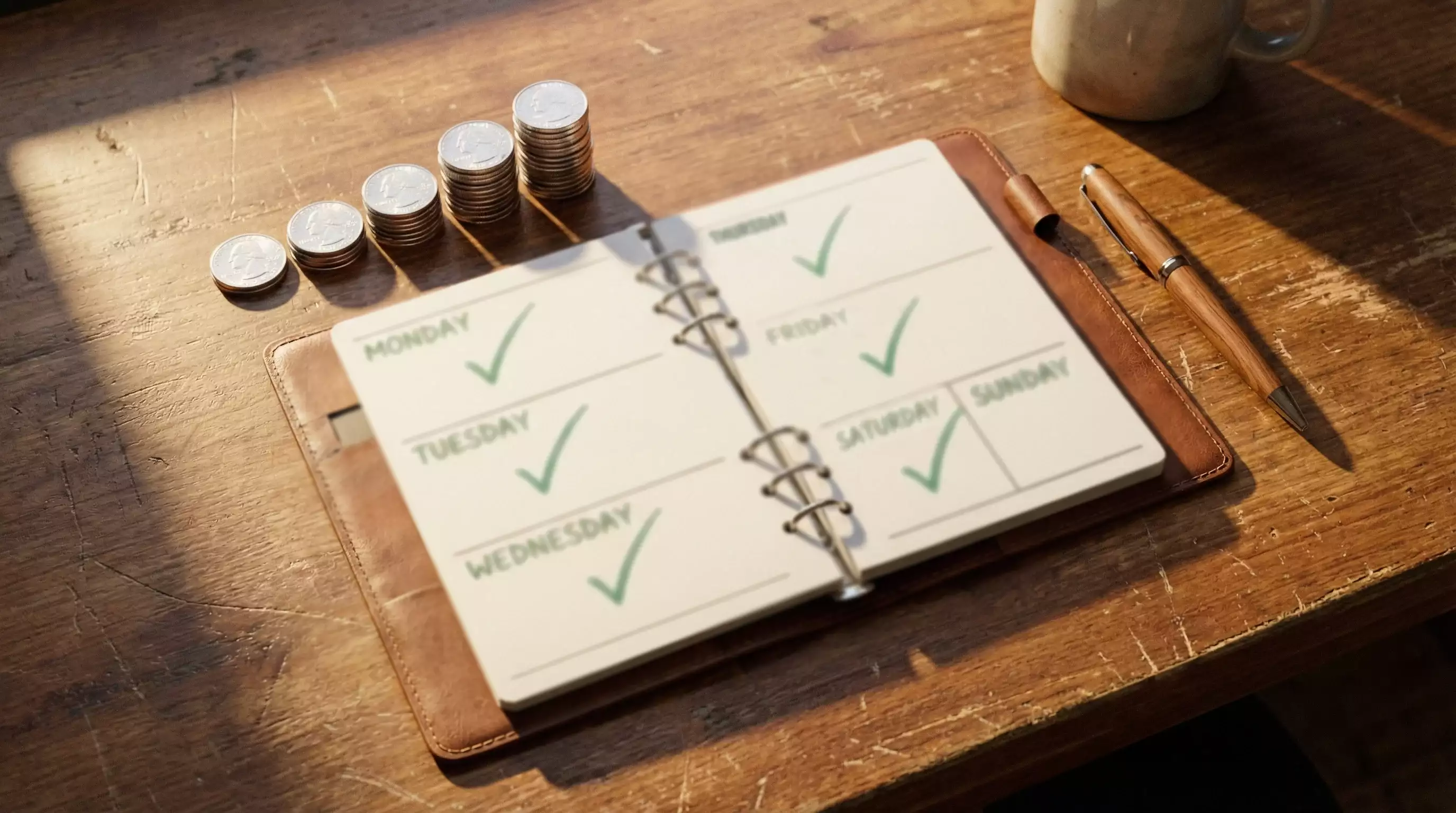 Calendar page with daily checkmarks and a growing stack of sweeps coins representing login streak rewards