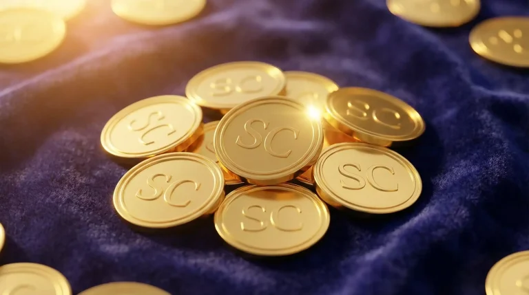 Free sweepstakes coins guide — gold SC tokens on a dark indigo surface with soft warm light