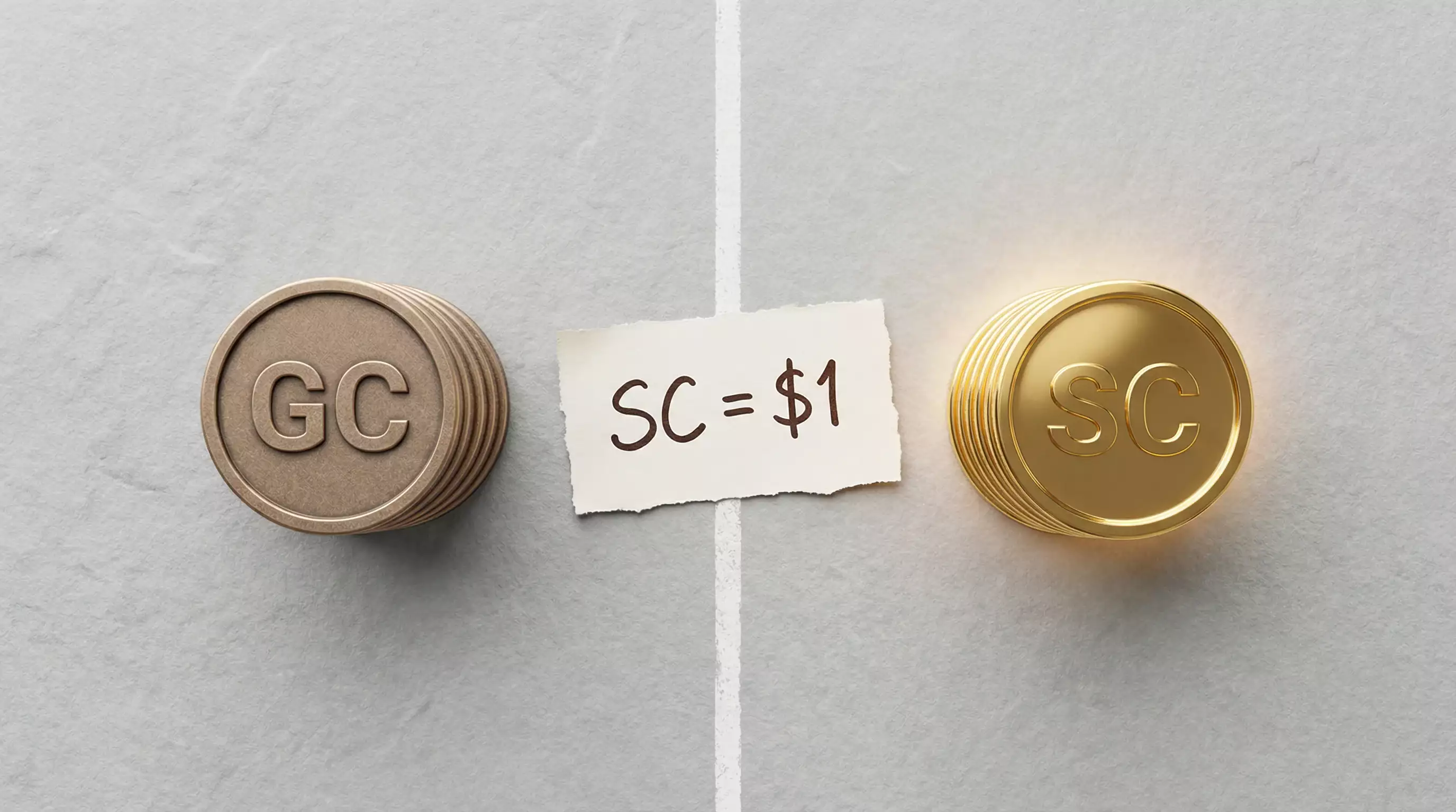 Gold coin and sweeps coin side by side on a casino table illustrating the dual-currency model