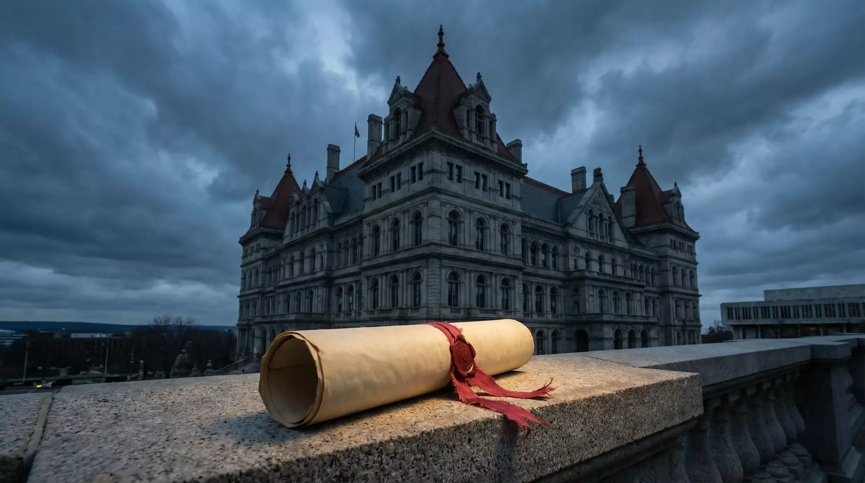 New York State Capitol building with a legal document symbolizing the SB 5935 sweepstakes ban