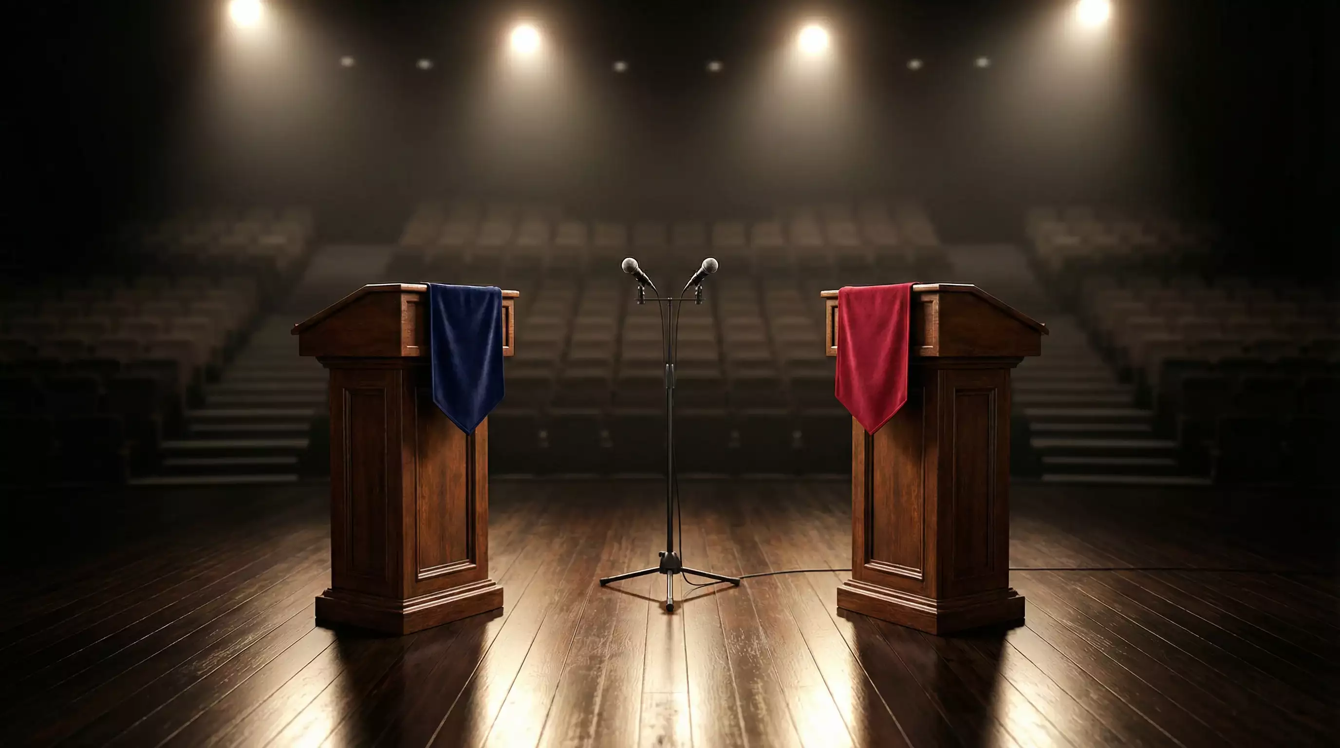 Two opposing podiums in a debate setting symbolizing the SGLA versus AGA regulatory battle over sweepstakes casinos
