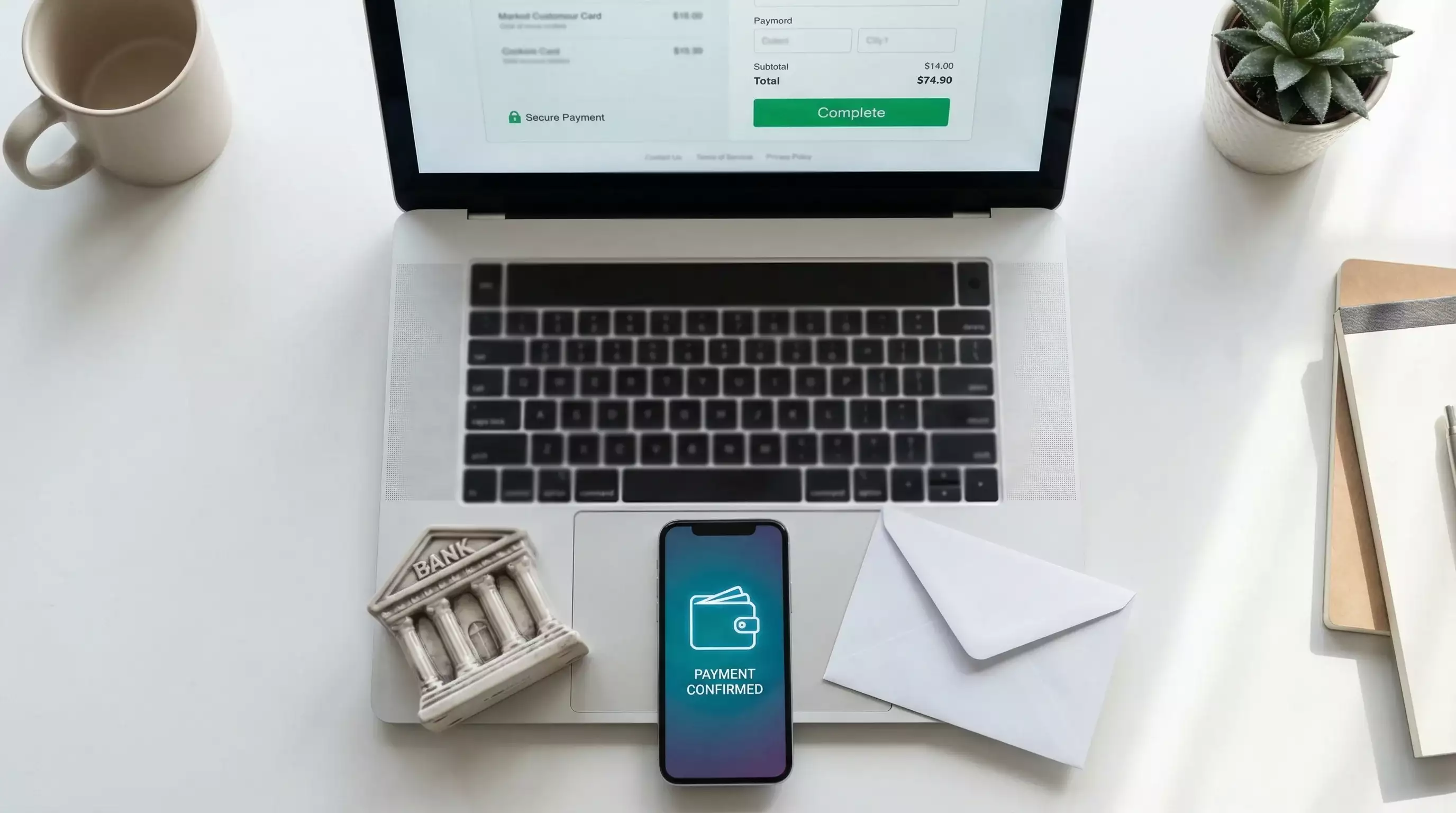 Multiple payment method icons including PayPal and bank transfer arranged around a laptop for sweepstakes casino transactions