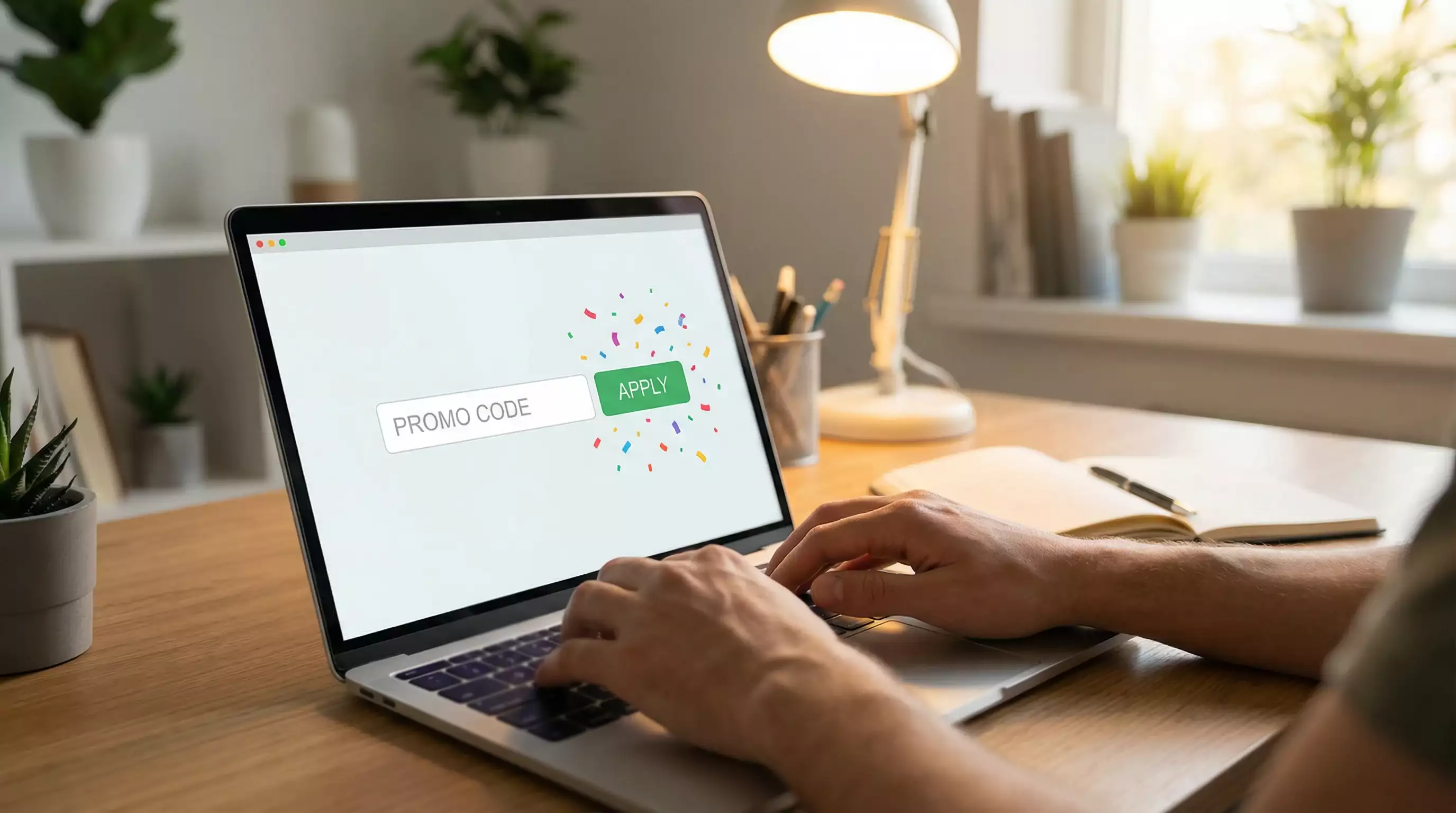 Hand typing a promo code into a laptop with a bonus confirmation on screen