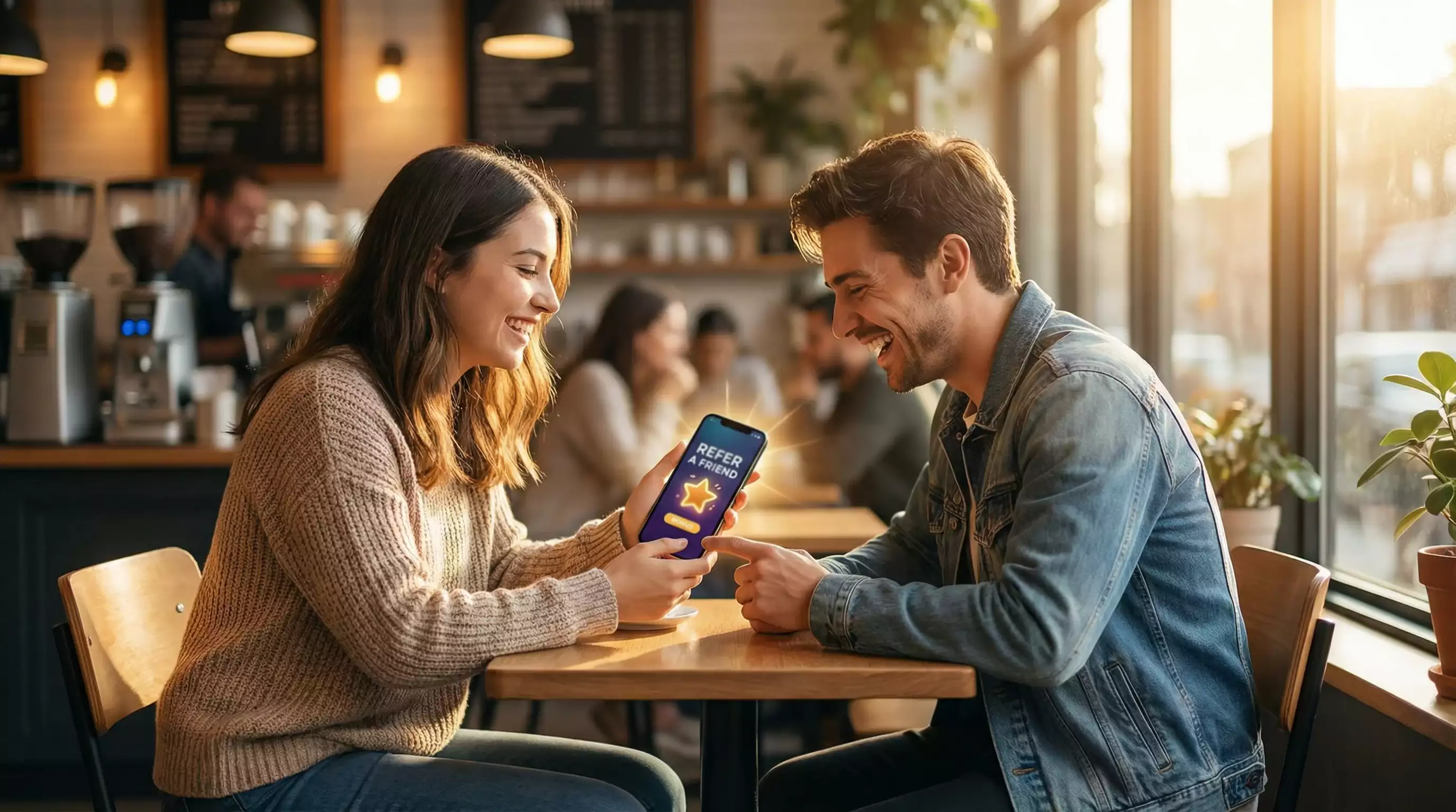 Two friends sharing a smartphone screen showing a sweepstakes casino referral bonus