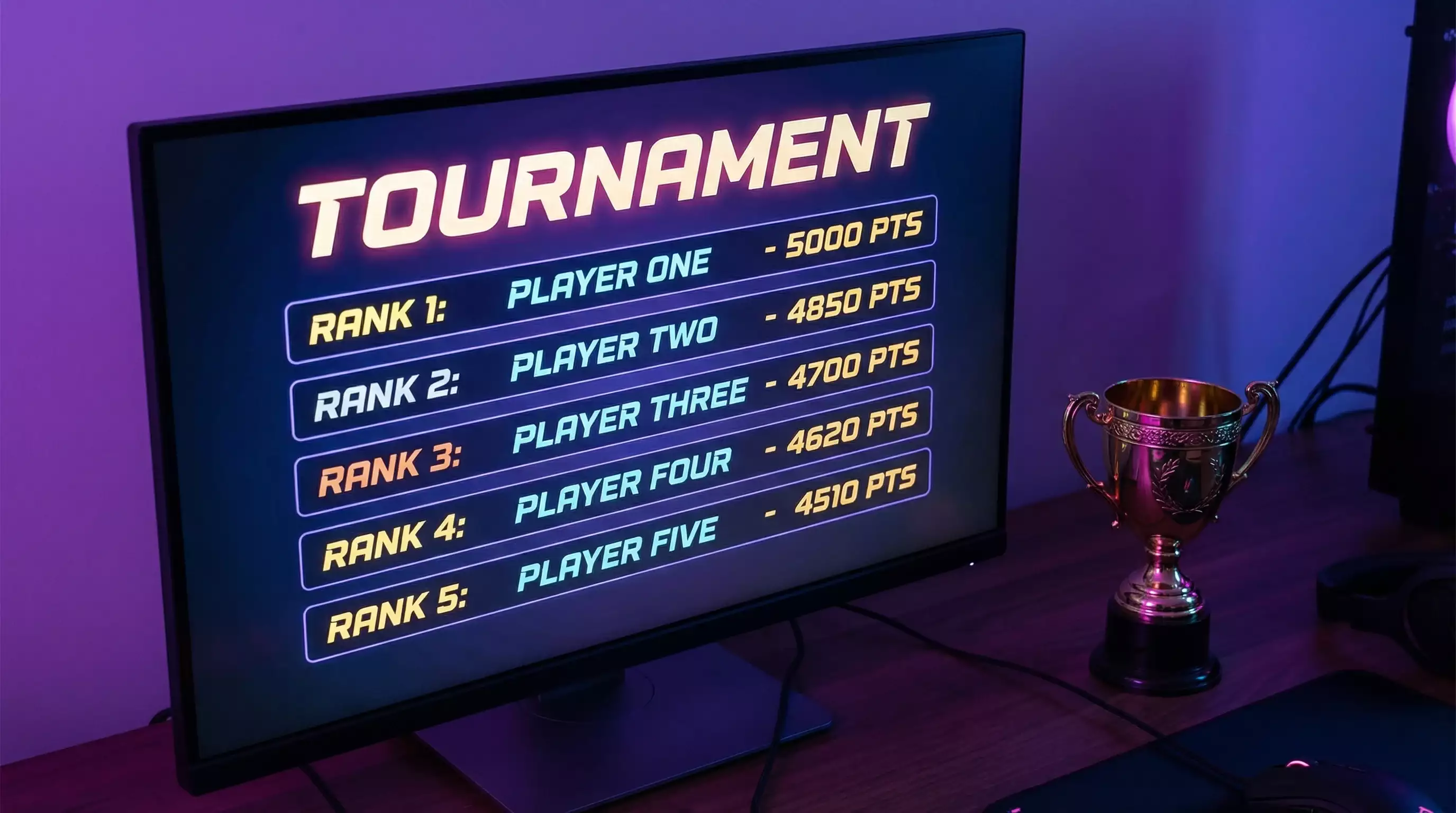 Tournament leaderboard display on a screen with a trophy symbolizing sweepstakes casino competitive events